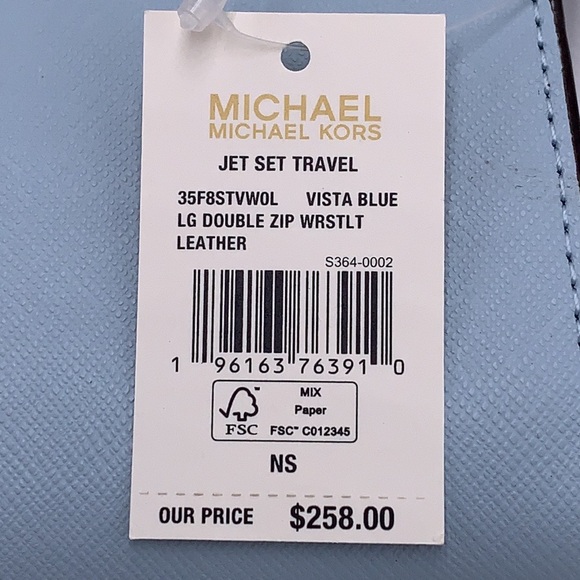 MICHAEL KORS JET SET TRAVEL 35F8GTVWOL VISTA BLUE LG DOUBLE ZIP WRSTLT LEATHER - Picture 14 of 14